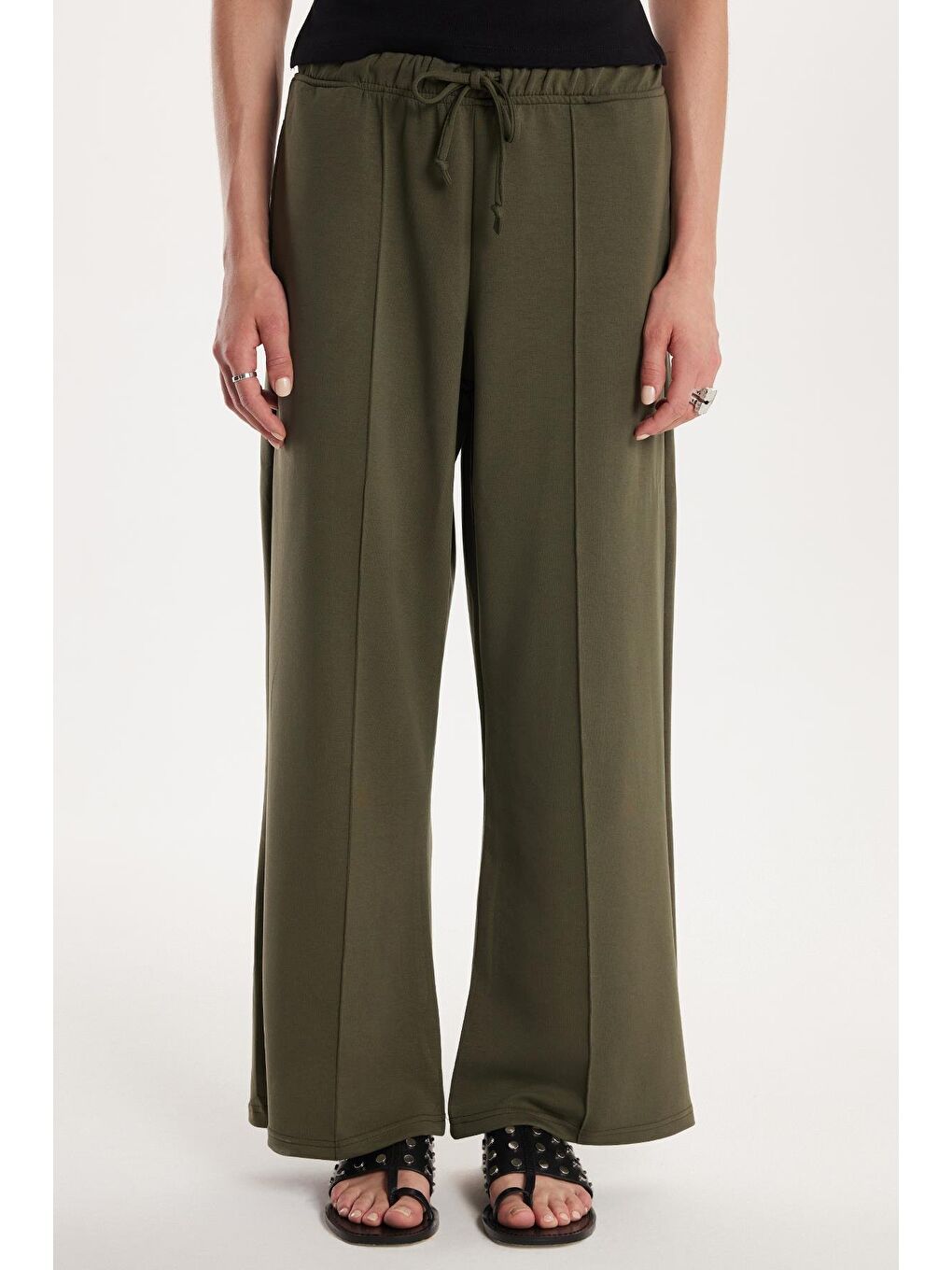 Kadın Modal Kumaş Slim Fit Dar Kesim Beli Lastikli Bağcıklı Haki Pantolon