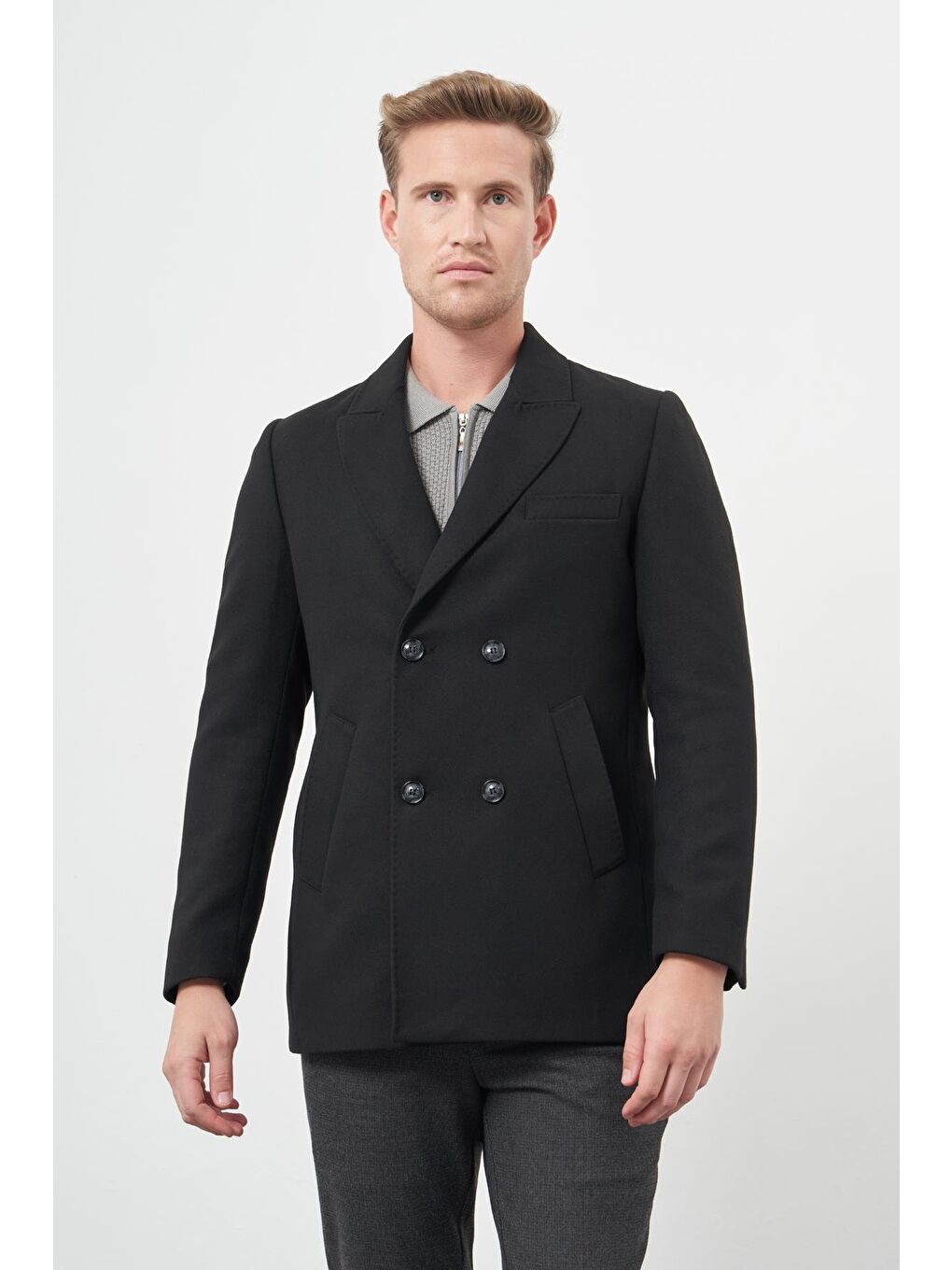 İMZA Siyah Kruvaze Kaşe Kılıç Yaka Düz Yırtmaçsız Tam Astar Slim Fit Classic Kaban 1008245152