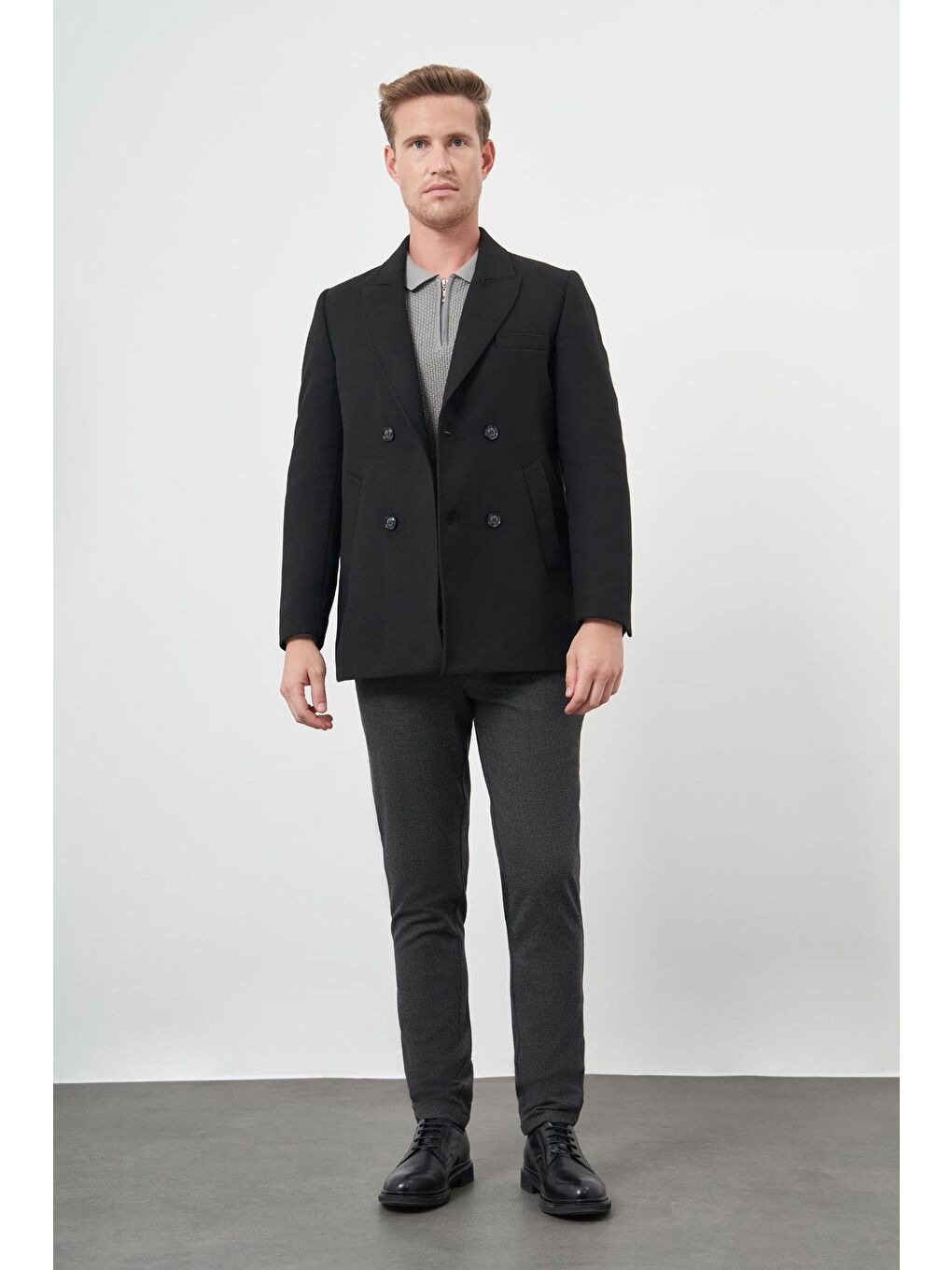 İMZA Siyah Kruvaze Kaşe Kılıç Yaka Düz Yırtmaçsız Tam Astar Slim Fit Classic Kaban 1008245152-1