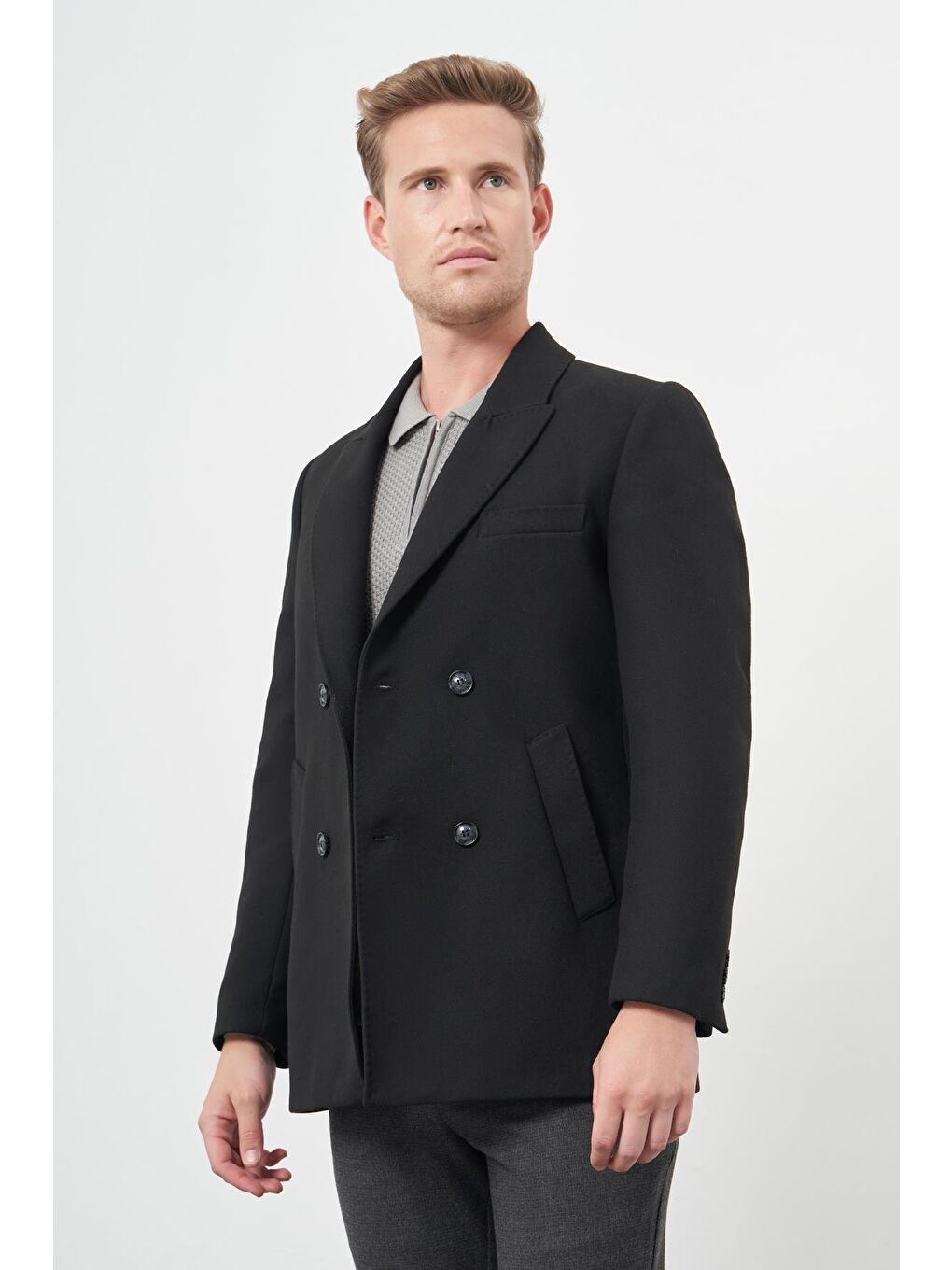 Siyah Kruvaze Kaşe Kılıç Yaka Düz Yırtmaçsız Tam Astar Slim Fit Classic Kaban 1008245152-2