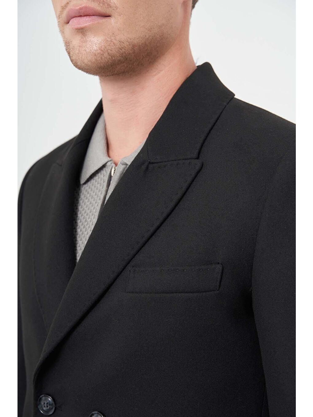 Siyah Kruvaze Kaşe Kılıç Yaka Düz Yırtmaçsız Tam Astar Slim Fit Classic Kaban 1008245152-3