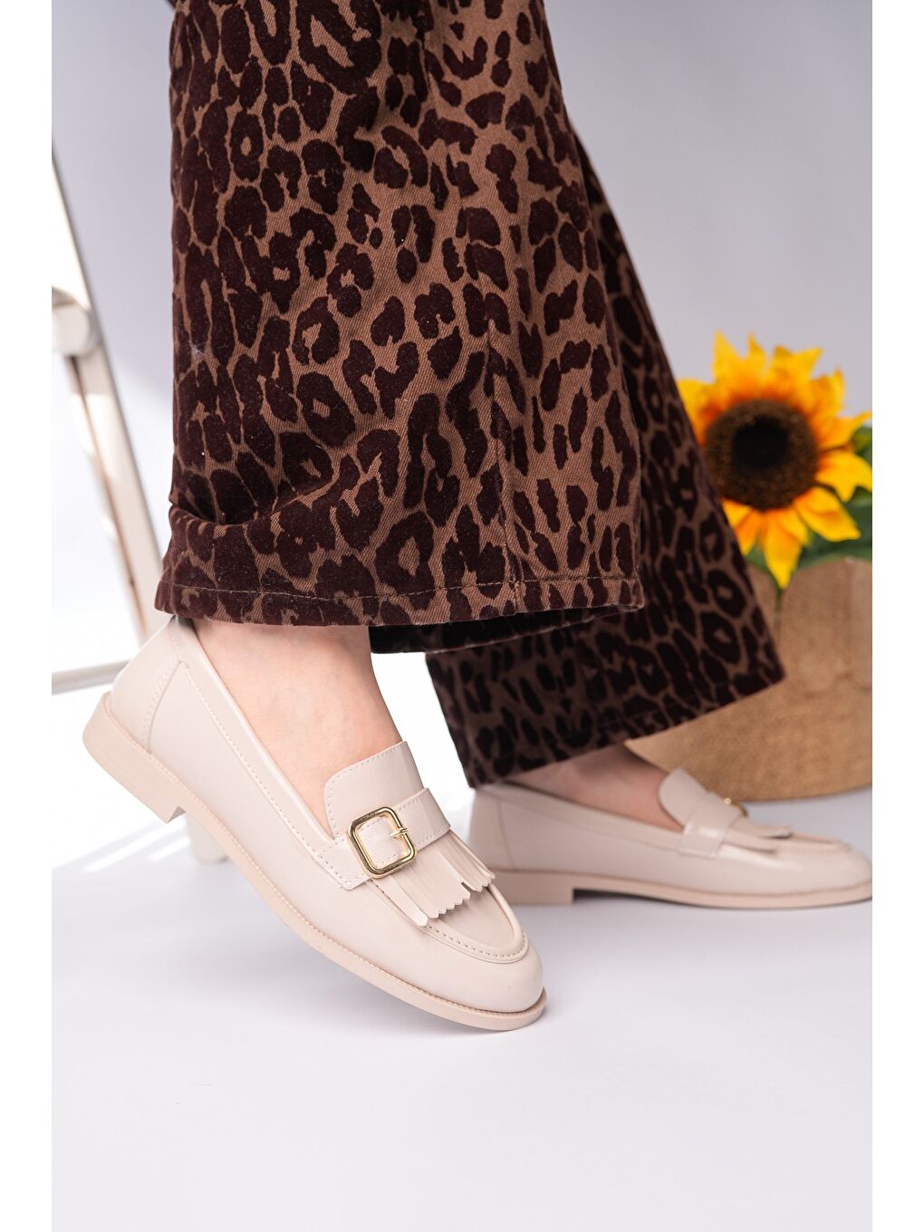 Bej TASSEL Gold Tokalı Püsküllü Kadın Günlük Loafer Ayakkabı-4