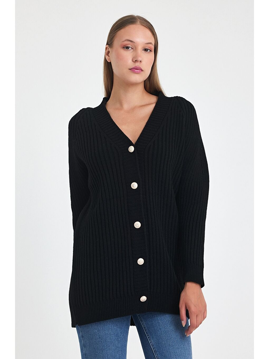 Siyah V Yaka Uzun Kol Önden Düğmeli Casual Oversize Triko Hırka 75 60-4