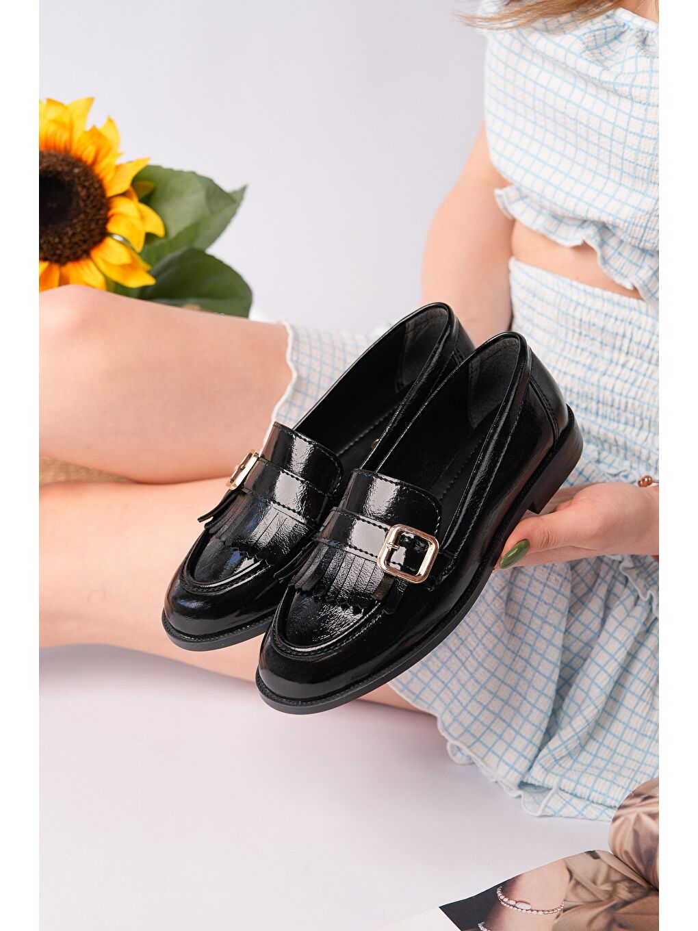 Siyah TASSEL Gold Tokalı Püsküllü Kadın Günlük Loafer Ayakkabı-5