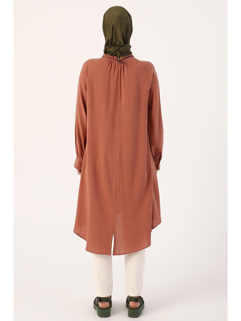 Pembe Gül Hakim Yaka Kolyeli Viskon Keten Gömlek-3