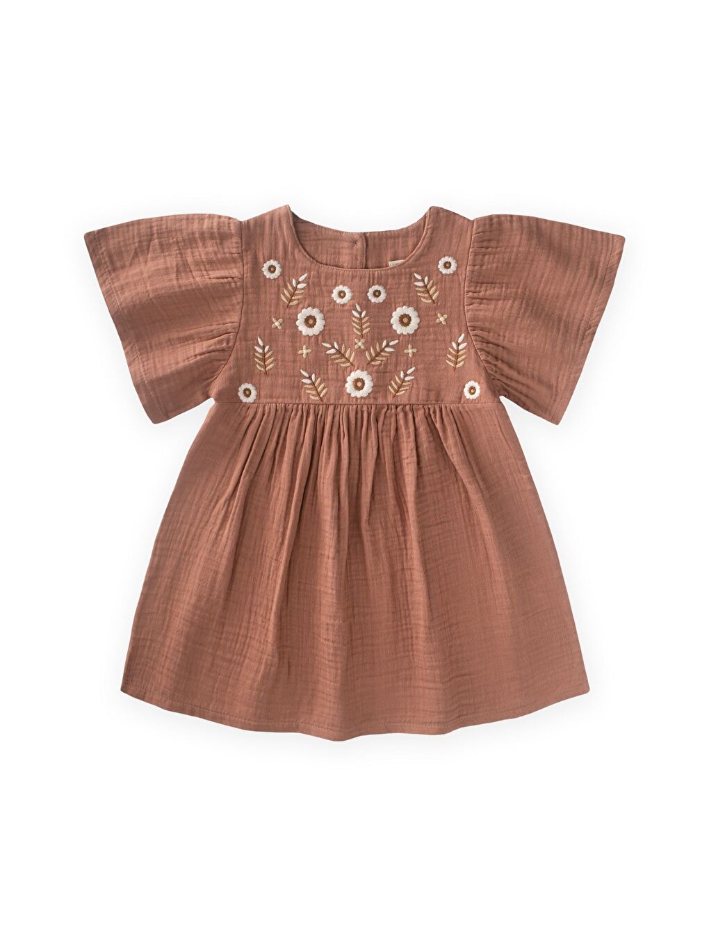 Kahverengi Çiçek Nakışlı Kelebek Kol Elbise 2-8 Yaş Açık Kahve