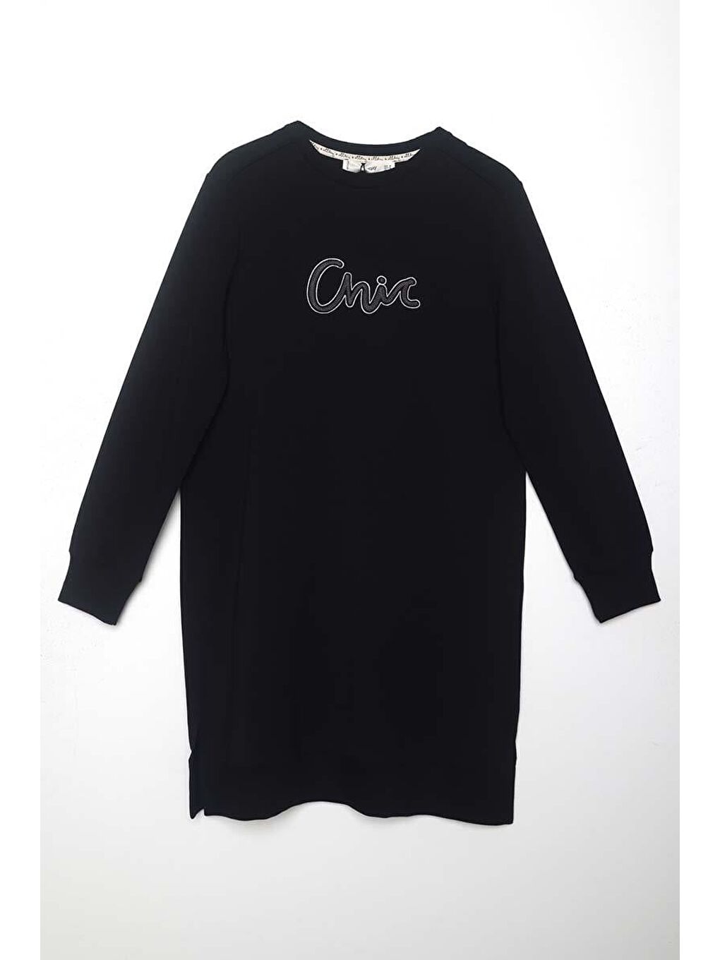 Siyah-Pamuklu Yandan Yırtmaçlı Nakışlı Sweat Tunik-6