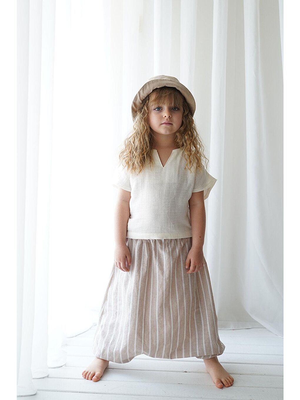 Catz Kids Kahverengi Linen Line Kahve Beyaz Samuray Şalvar + Krem Keten Samuray Bluz