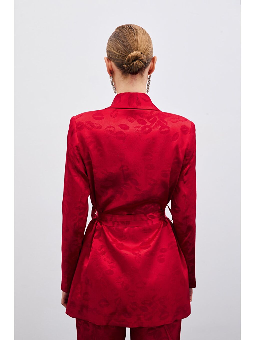 Şal Yaka Kuşaklı Ceket - Kırmızı-4