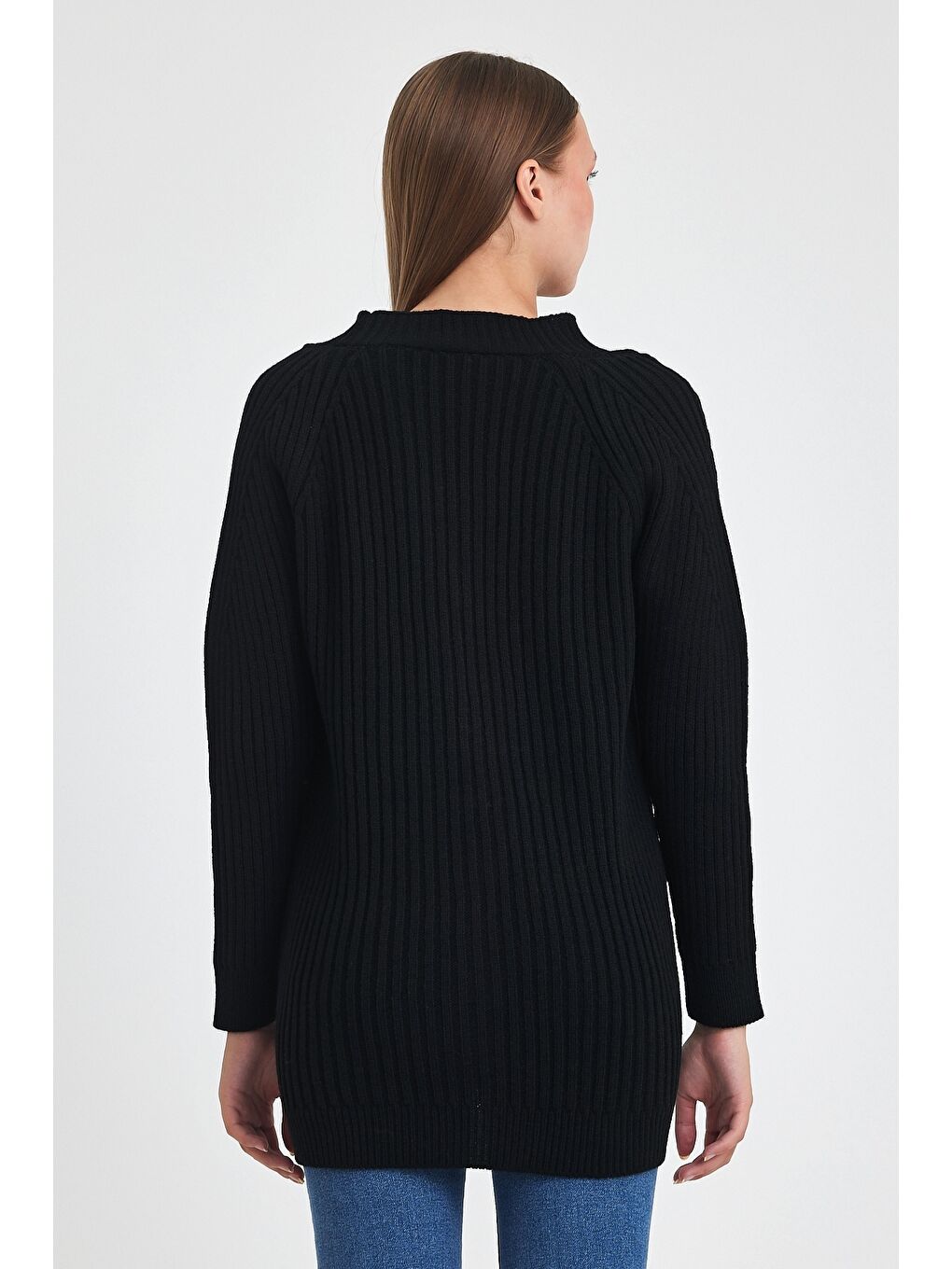 Siyah V Yaka Uzun Kol Önden Düğmeli Casual Oversize Triko Hırka 75 60-7