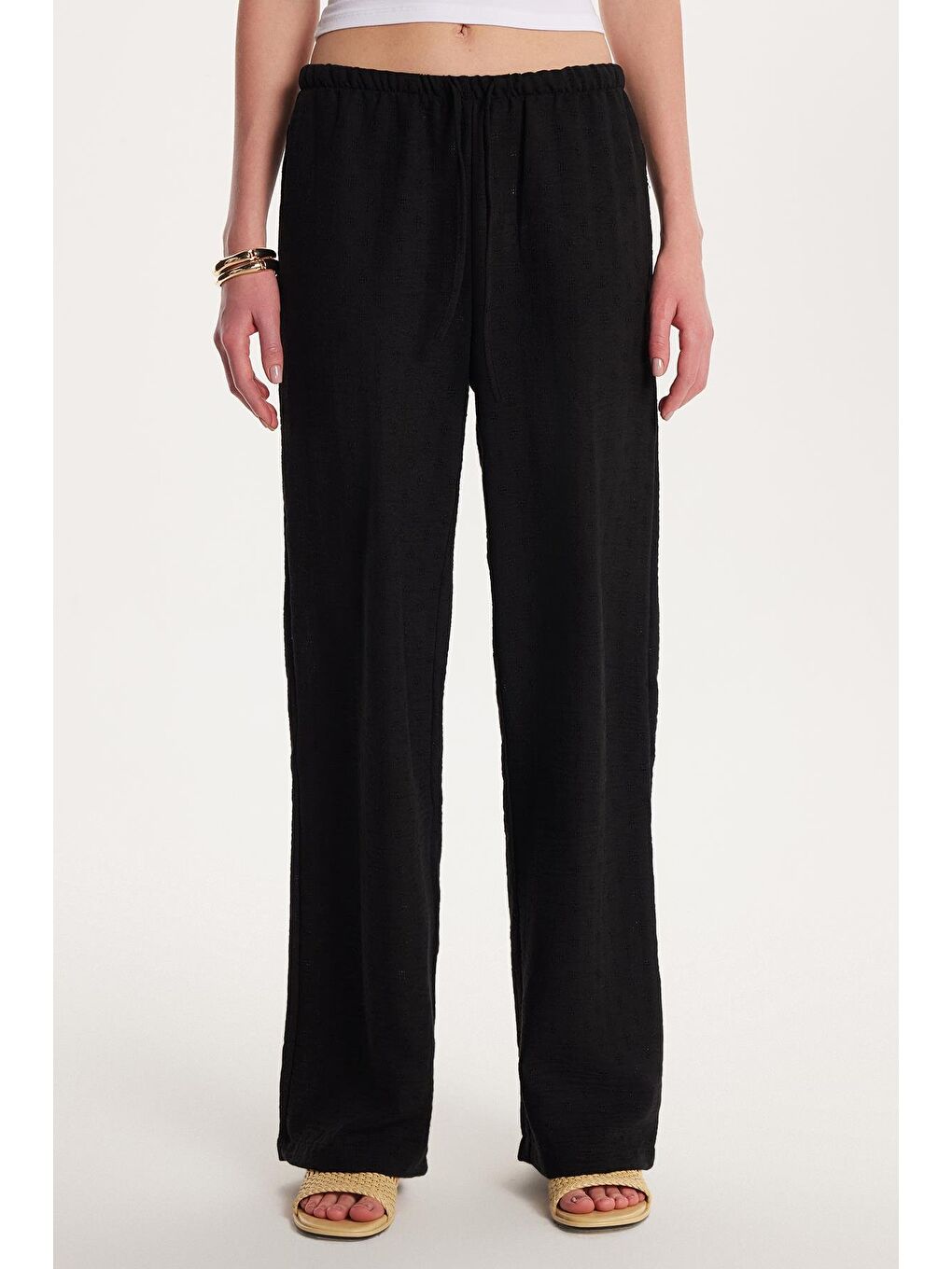 Kadın Relax Fit Beli Lastikli Bağlamalı Palazzo Geniş Paça Siyah Pantolon
