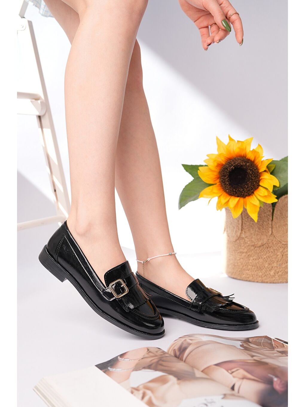 Siyah TASSEL Gold Tokalı Püsküllü Kadın Günlük Loafer Ayakkabı-7