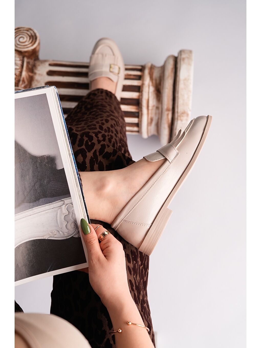 Bej TASSEL Gold Tokalı Püsküllü Kadın Günlük Loafer Ayakkabı-7