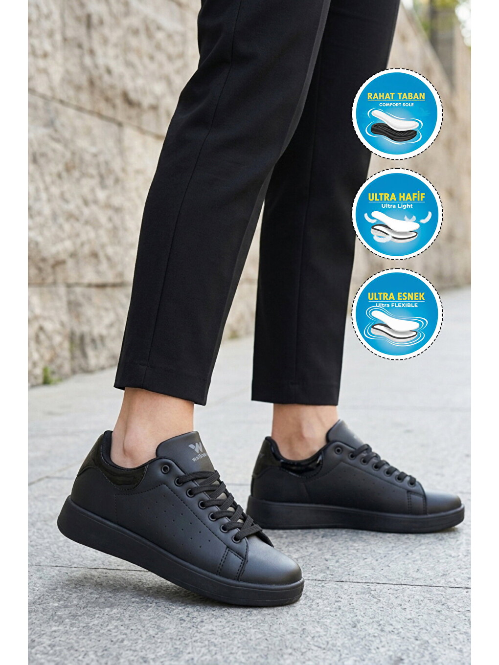 Siyah Bağcıklı Hafif Unisex Cilt Spor Ayakkabı Costa G-1