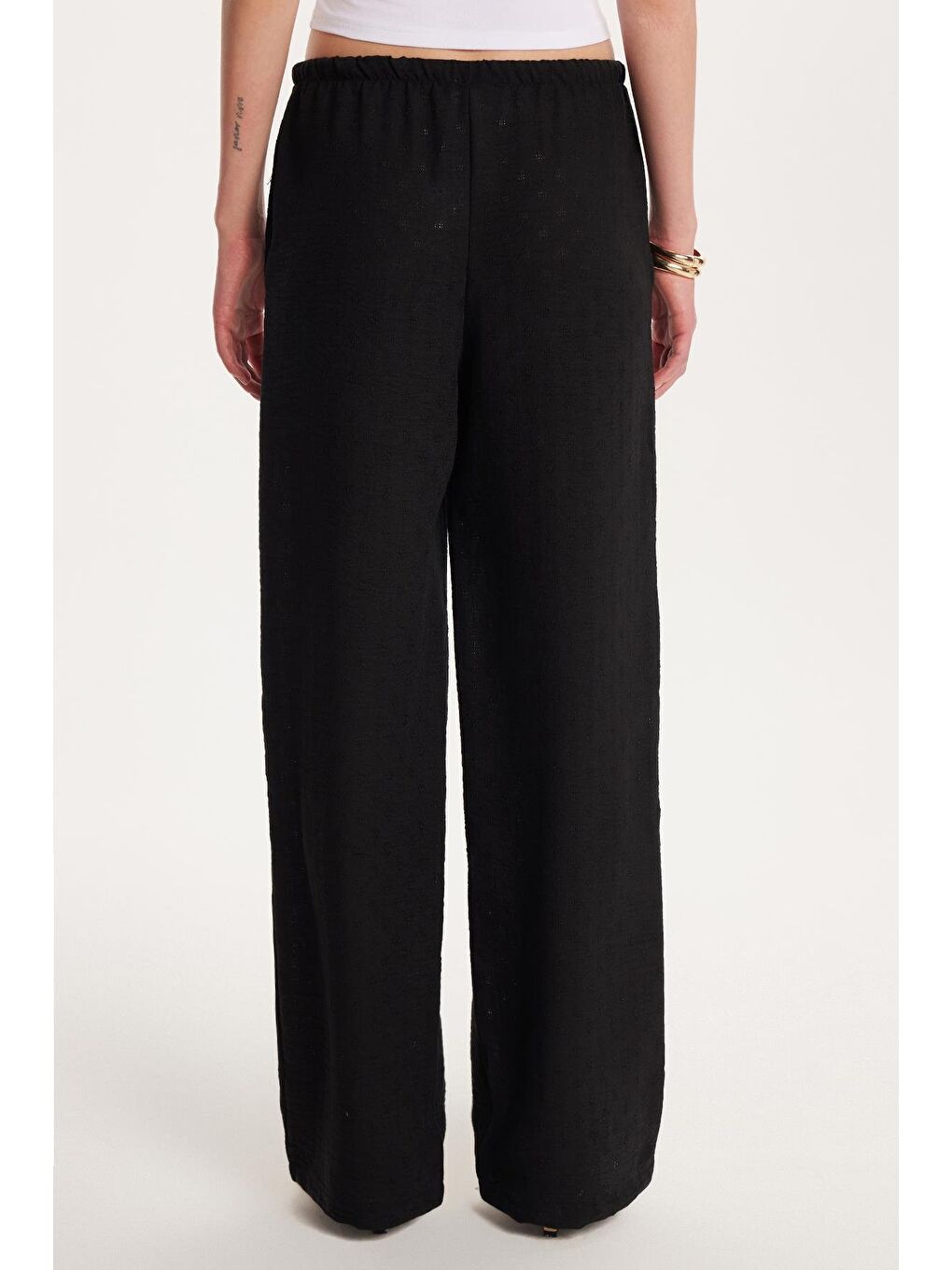 Kadın Relax Fit Beli Lastikli Bağlamalı Palazzo Geniş Paça Siyah Pantolon-4