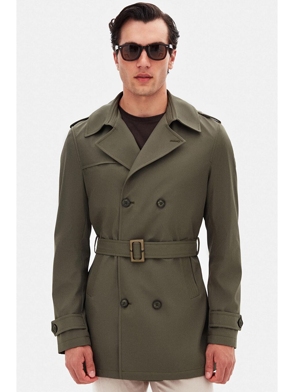 Regular Fit Koyu Haki Apoletli Beli Kemerli Pardösü/Trenckot