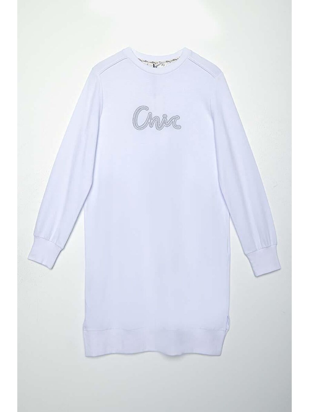 Beyaz-Pamuklu Yandan Yırtmaçlı Nakışlı Sweat Tunik-5