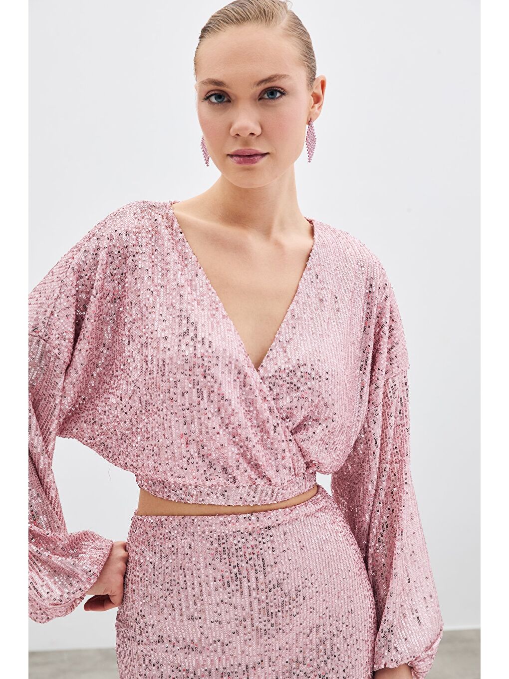 SATEEN Pembe Payetli Kruvaze Bluz - Pudra - 2