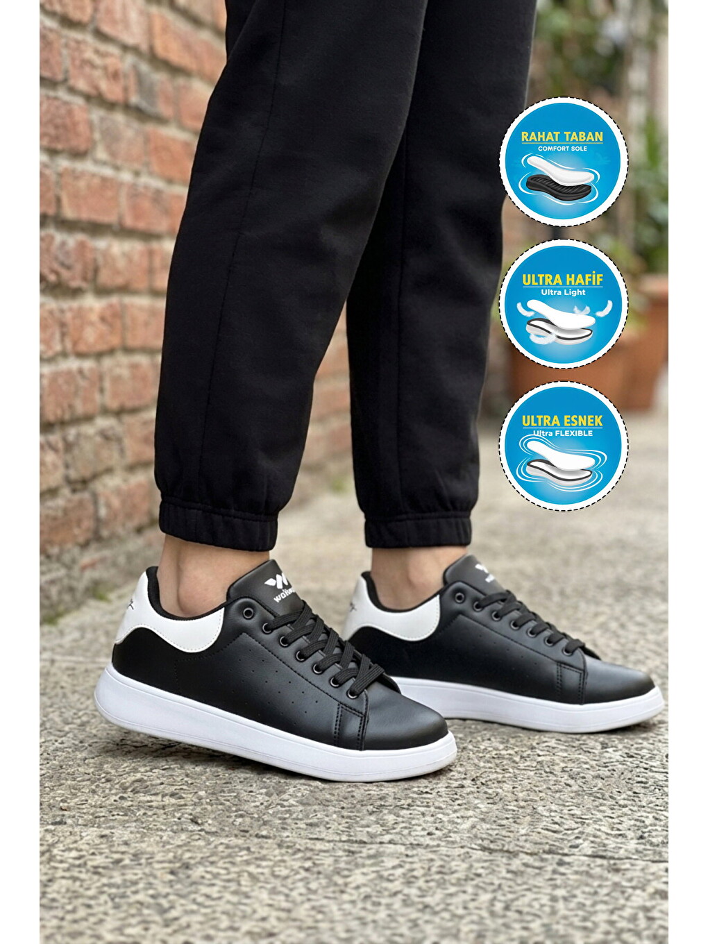 Siyah Beyaz Bağcıklı Hafif Unisex Cilt Spor Ayakkabı Costa G-2