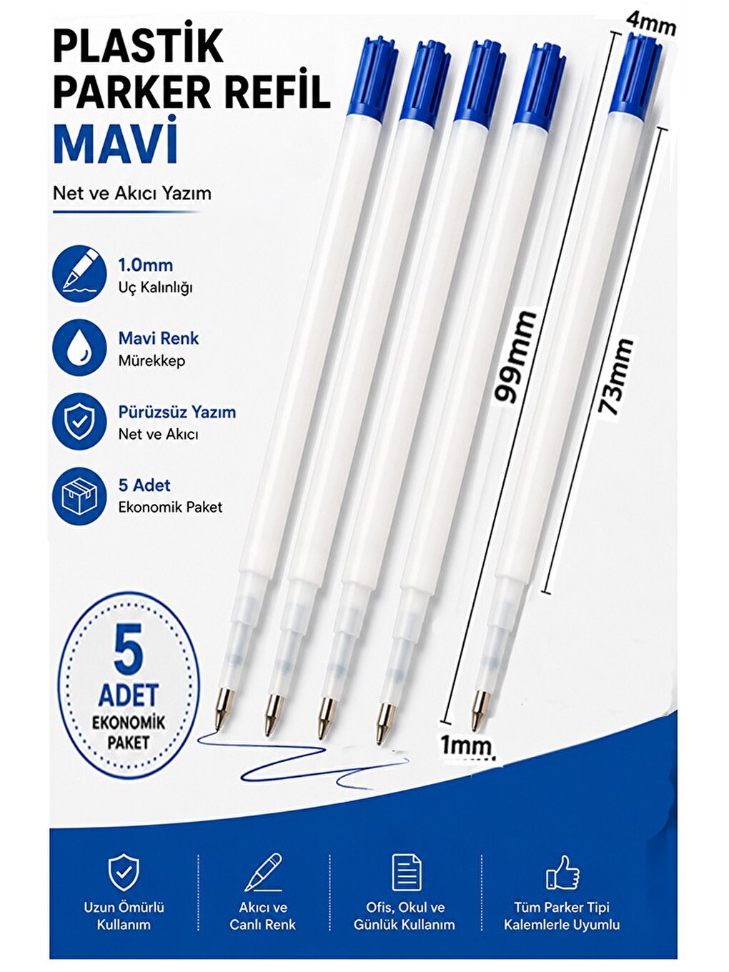 Plastik Tükenmez Kalem Yedeği 5 Adet 9.9cm Tükenmez Kalem İçi Yedek Mavi Metal Tükenmez Kalem İçi Of