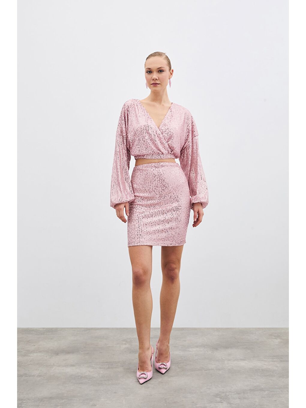 SATEEN Pembe Payetli Kruvaze Bluz - Pudra - 4