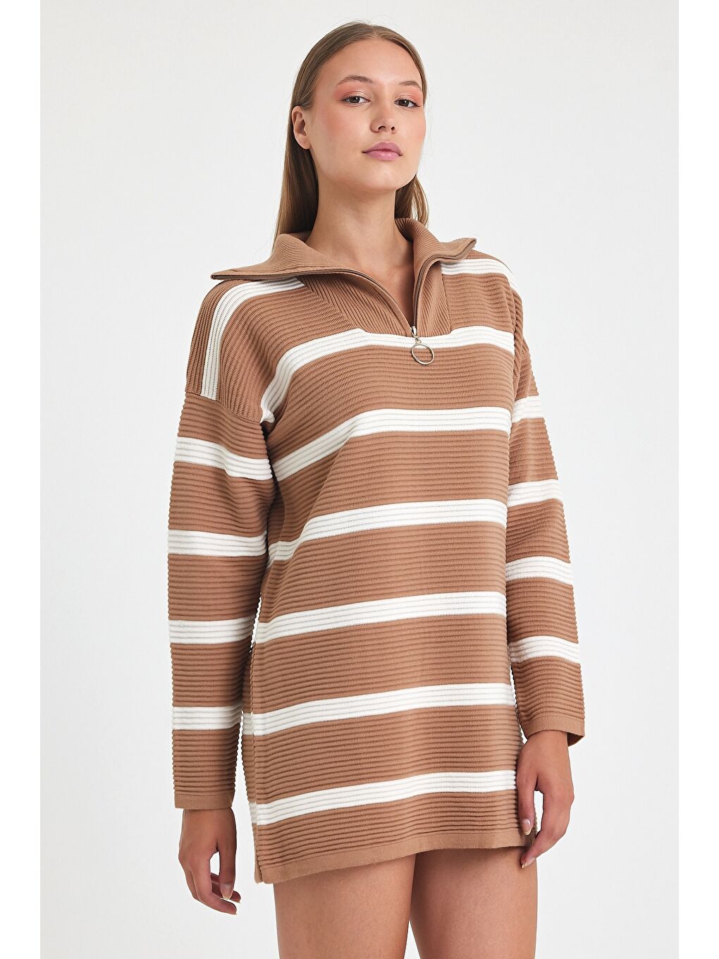 Kahverengi Camel Fermuarlı Yaka Uzun Kol Çizgili Casual Uzun Oversize Triko Kazak 75 65-1