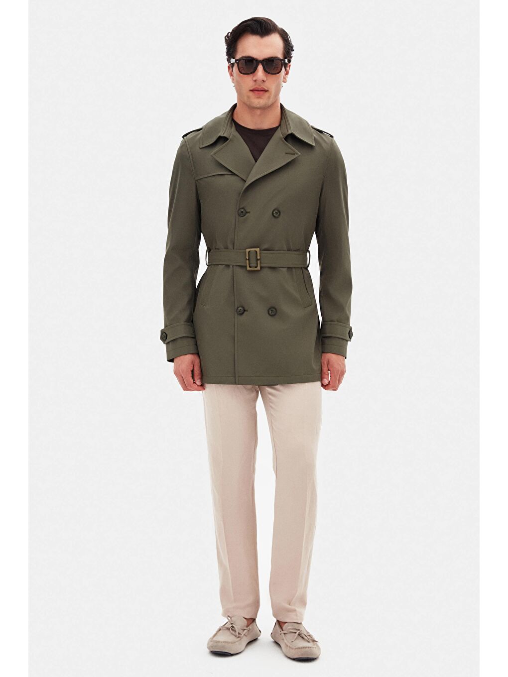Regular Fit Koyu Haki Apoletli Beli Kemerli Pardösü/Trenckot-1