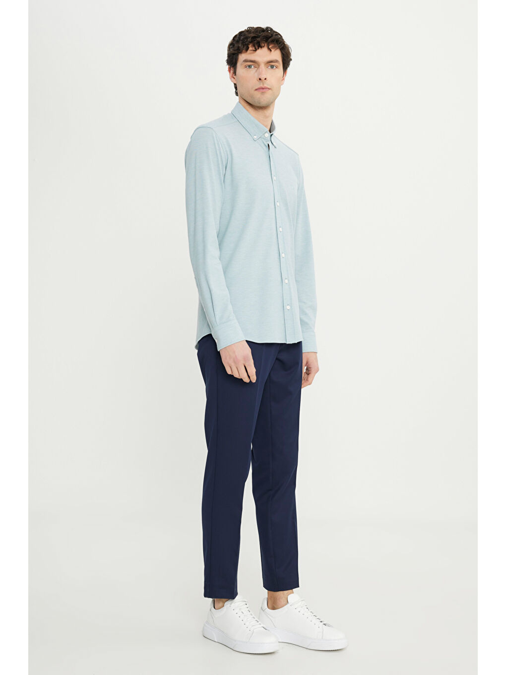 Erkek Petrol 360 Her Yöne Esneyen Pamuklu Dar Kesim Düğmeli Yaka Örme Gömlek-1