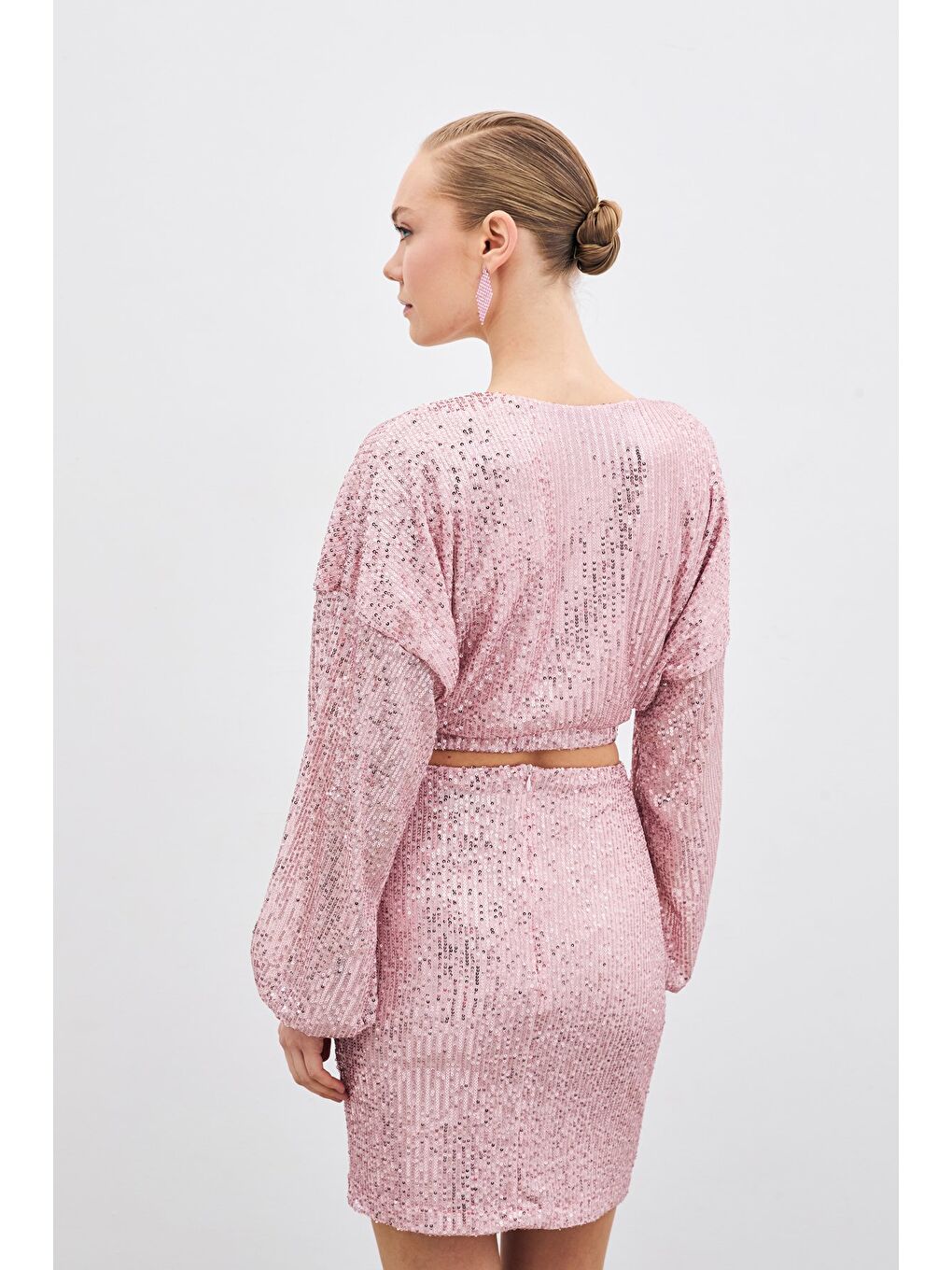 SATEEN Pembe Payetli Kruvaze Bluz - Pudra - 6