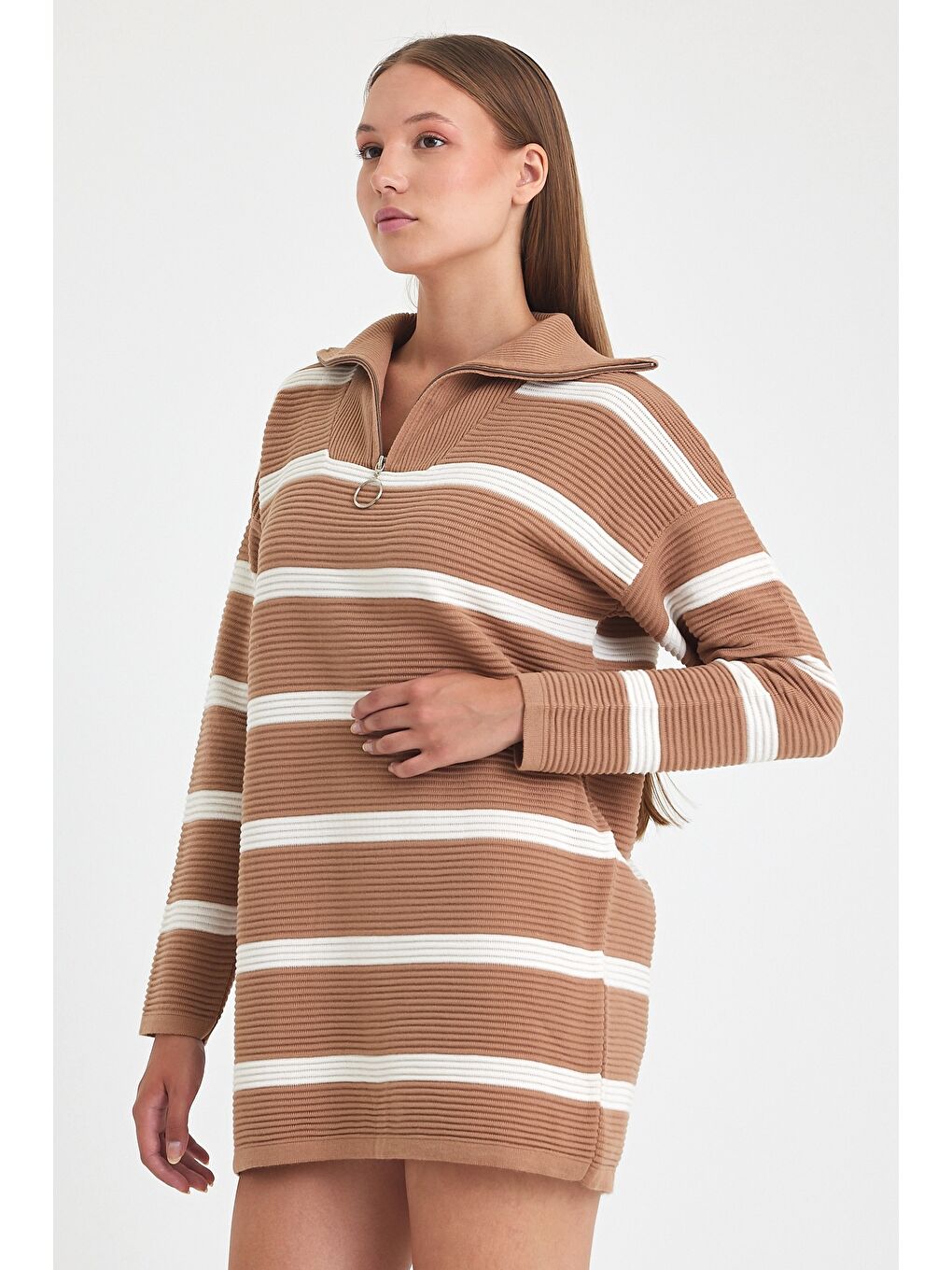 Kahverengi Camel Fermuarlı Yaka Uzun Kol Çizgili Casual Uzun Oversize Triko Kazak 75 65-2