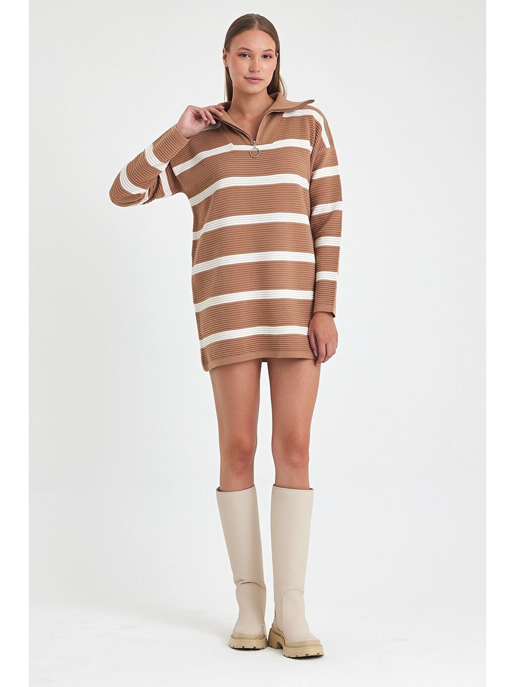 Kahverengi Camel Fermuarlı Yaka Uzun Kol Çizgili Casual Uzun Oversize Triko Kazak 75 65-3