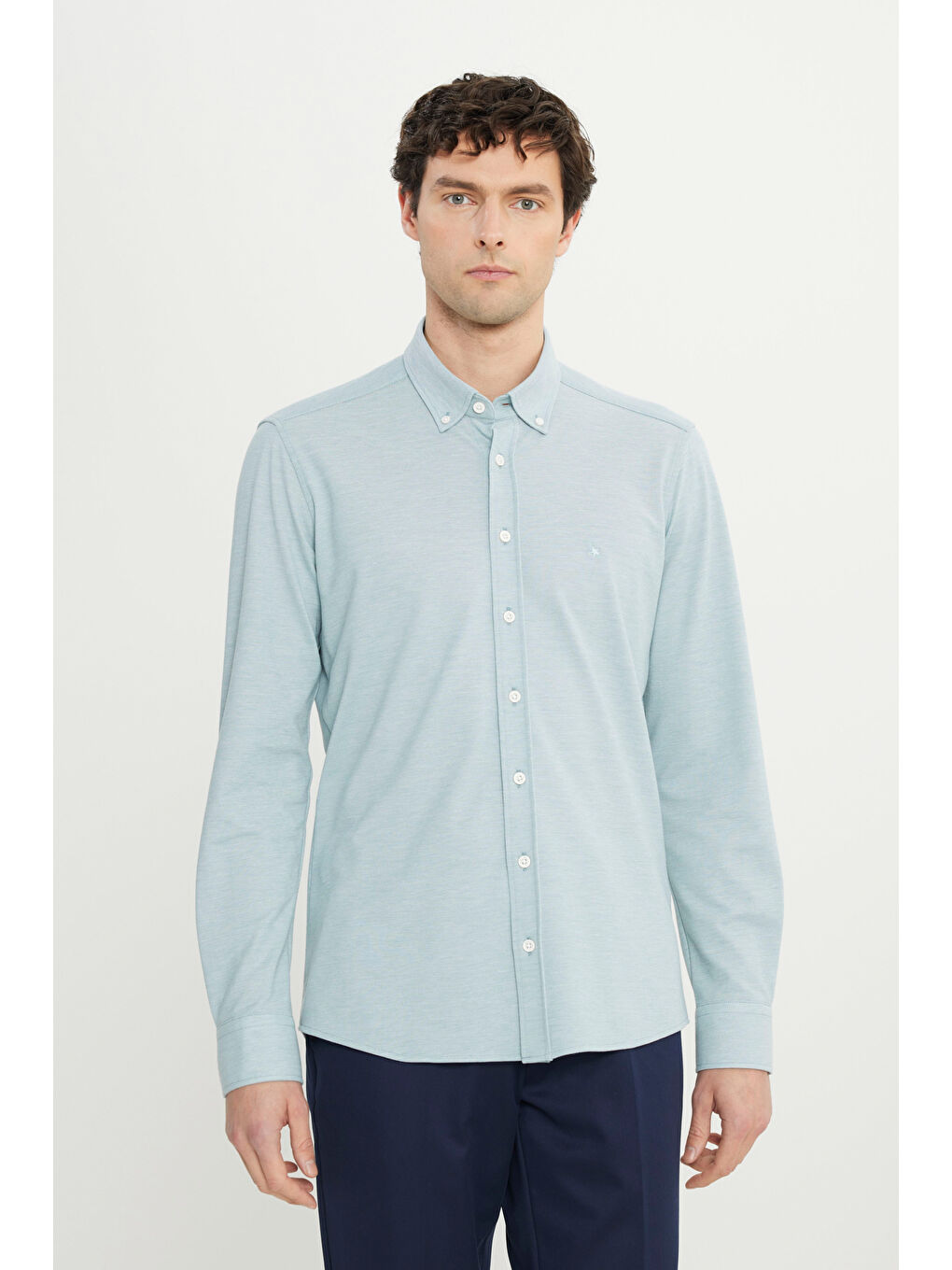 Erkek Petrol 360 Her Yöne Esneyen Pamuklu Dar Kesim Düğmeli Yaka Örme Gömlek-2