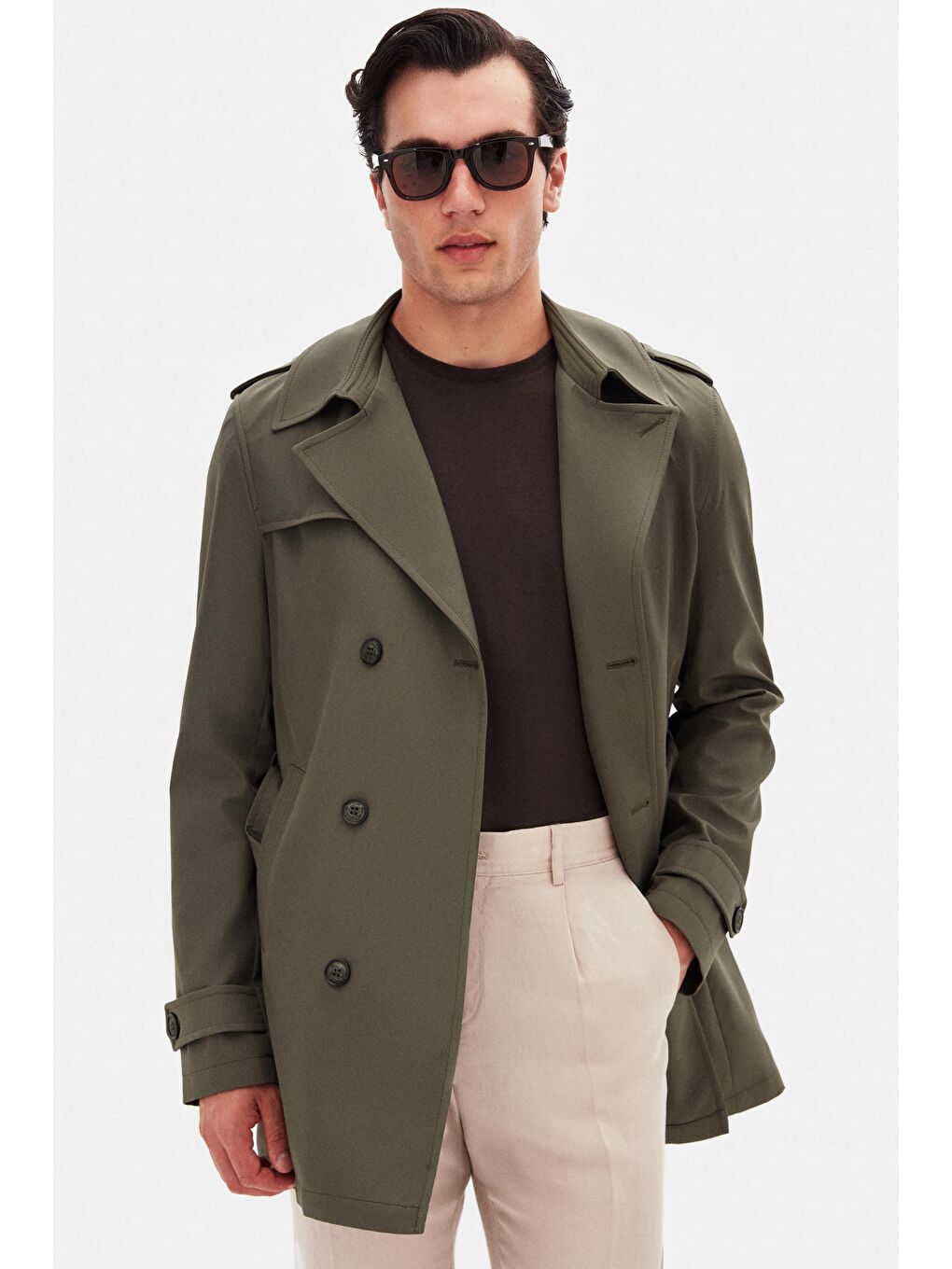 Regular Fit Koyu Haki Apoletli Beli Kemerli Pardösü/Trenckot-2