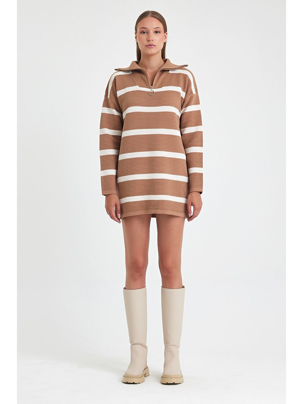 Kahverengi Camel Fermuarlı Yaka Uzun Kol Çizgili Casual Uzun Oversize Triko Kazak 75 65-4