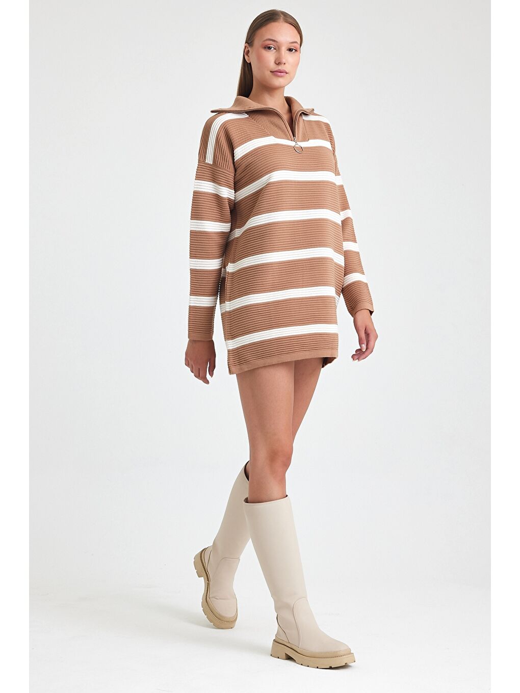 Kahverengi Camel Fermuarlı Yaka Uzun Kol Çizgili Casual Uzun Oversize Triko Kazak 75 65-5