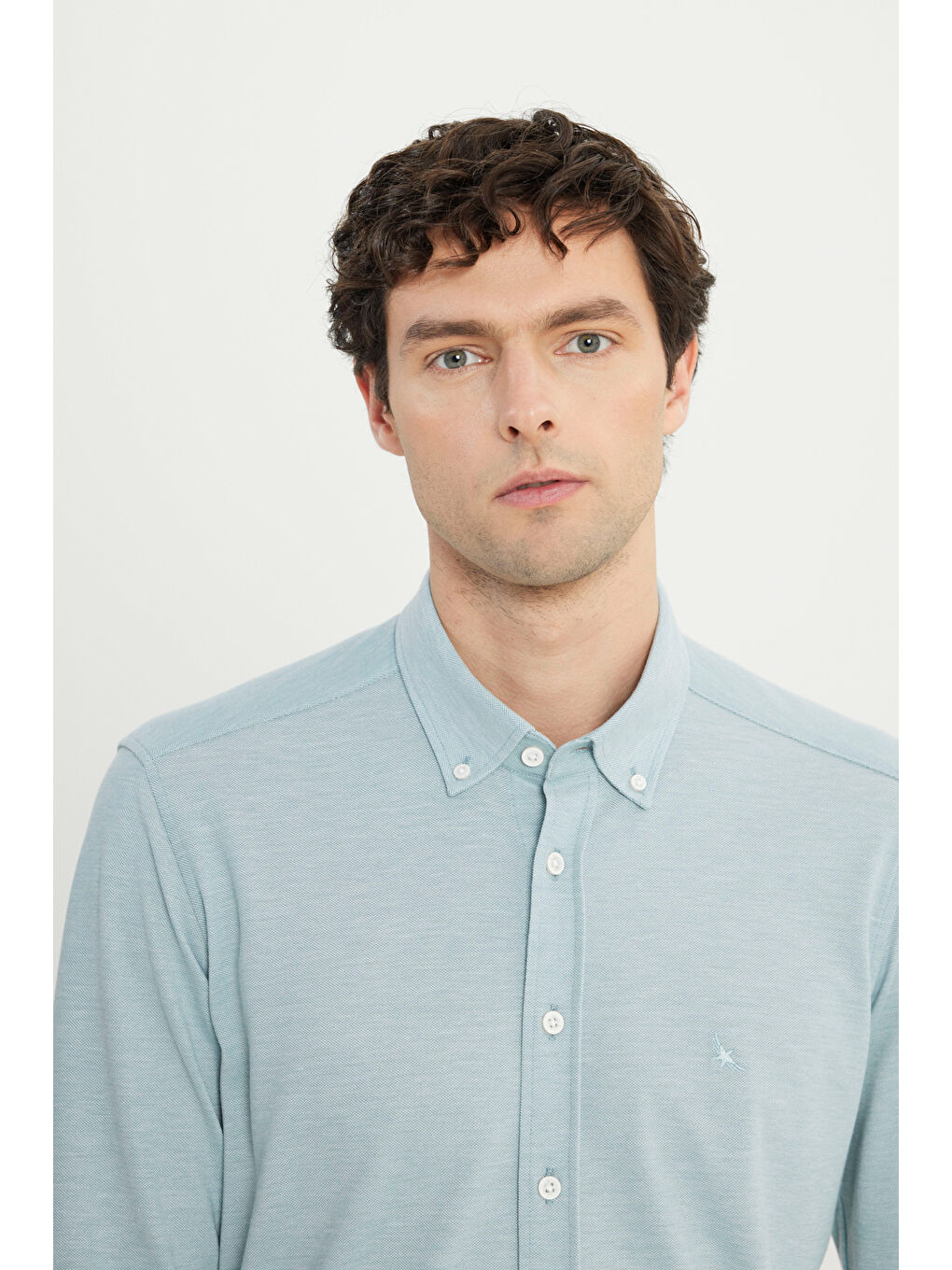 Erkek Petrol 360 Her Yöne Esneyen Pamuklu Dar Kesim Düğmeli Yaka Örme Gömlek-3