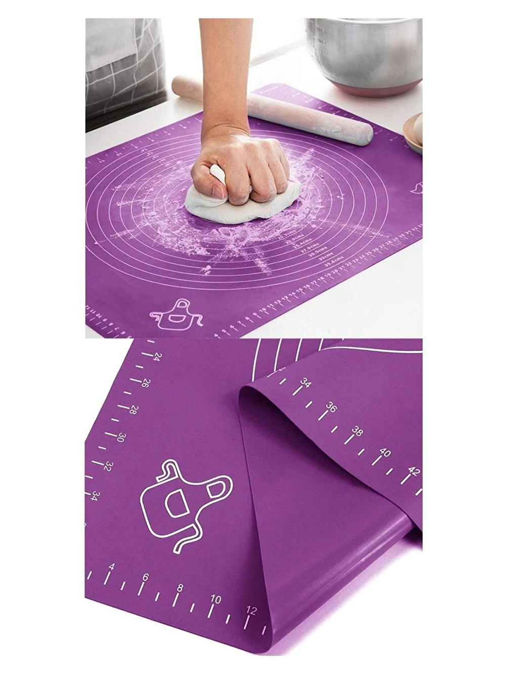 Mor Silikon Ölçülü  Hamur Açma Matı 45x65 cm ve Çelik Un Eleği-3