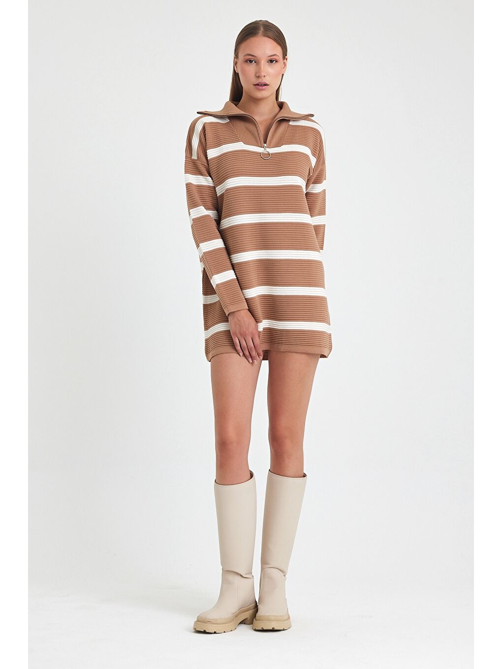 Kahverengi Camel Fermuarlı Yaka Uzun Kol Çizgili Casual Uzun Oversize Triko Kazak 75 65-6