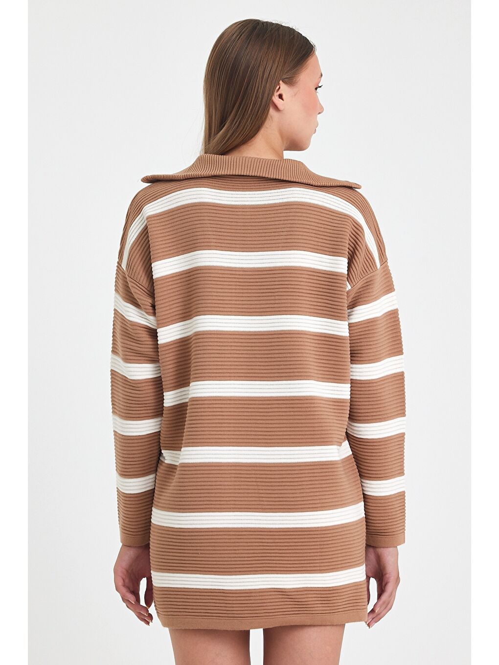 Kahverengi Camel Fermuarlı Yaka Uzun Kol Çizgili Casual Uzun Oversize Triko Kazak 75 65-7