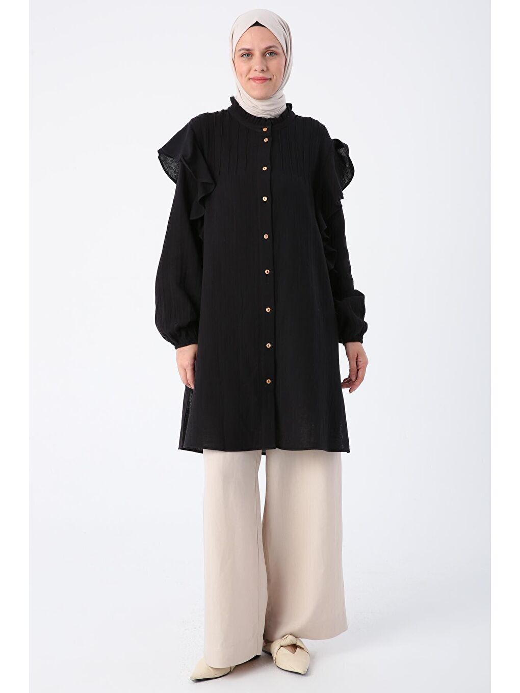 Siyah %100 Pamuk Omzu Volanlı Nervürlü Gömlek Tunik-1