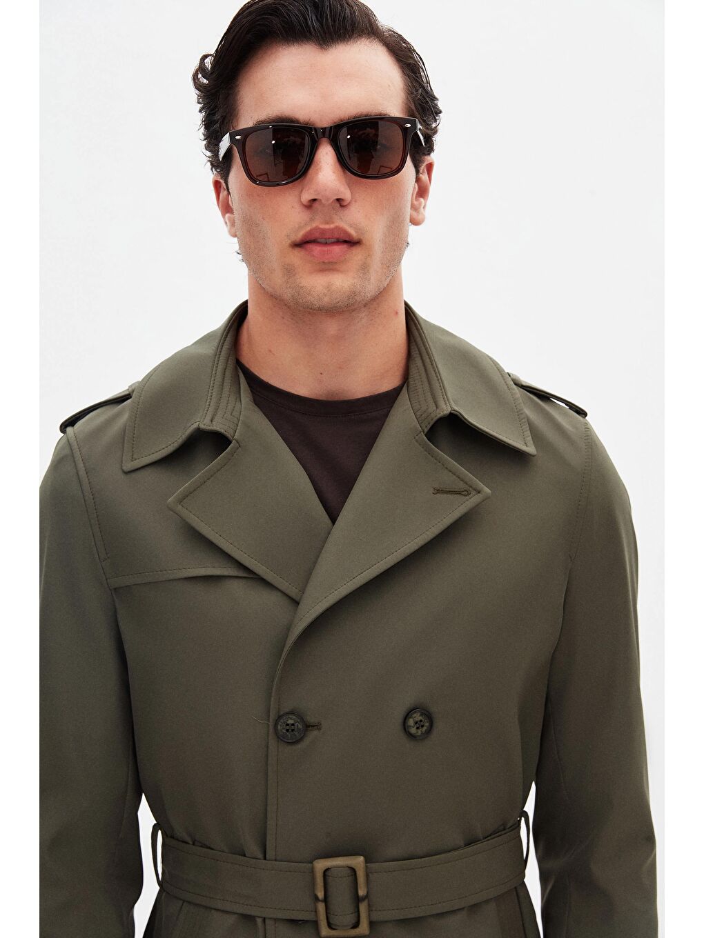 Regular Fit Koyu Haki Apoletli Beli Kemerli Pardösü/Trenckot-3