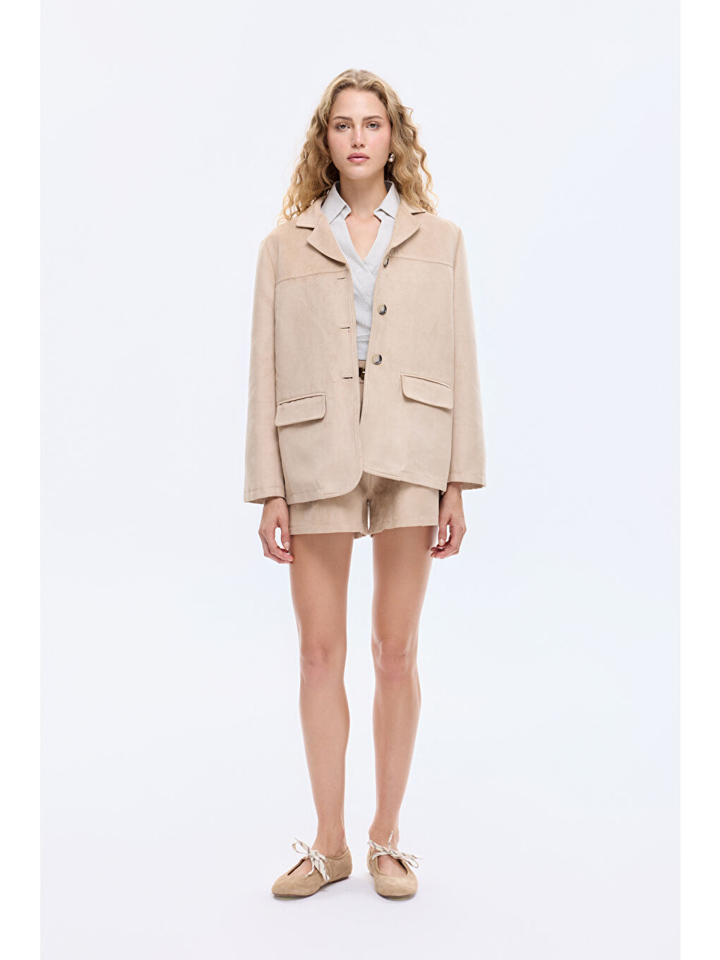 Kapak Cepli Süet Görünümlü Blazer Ceket Bej-3