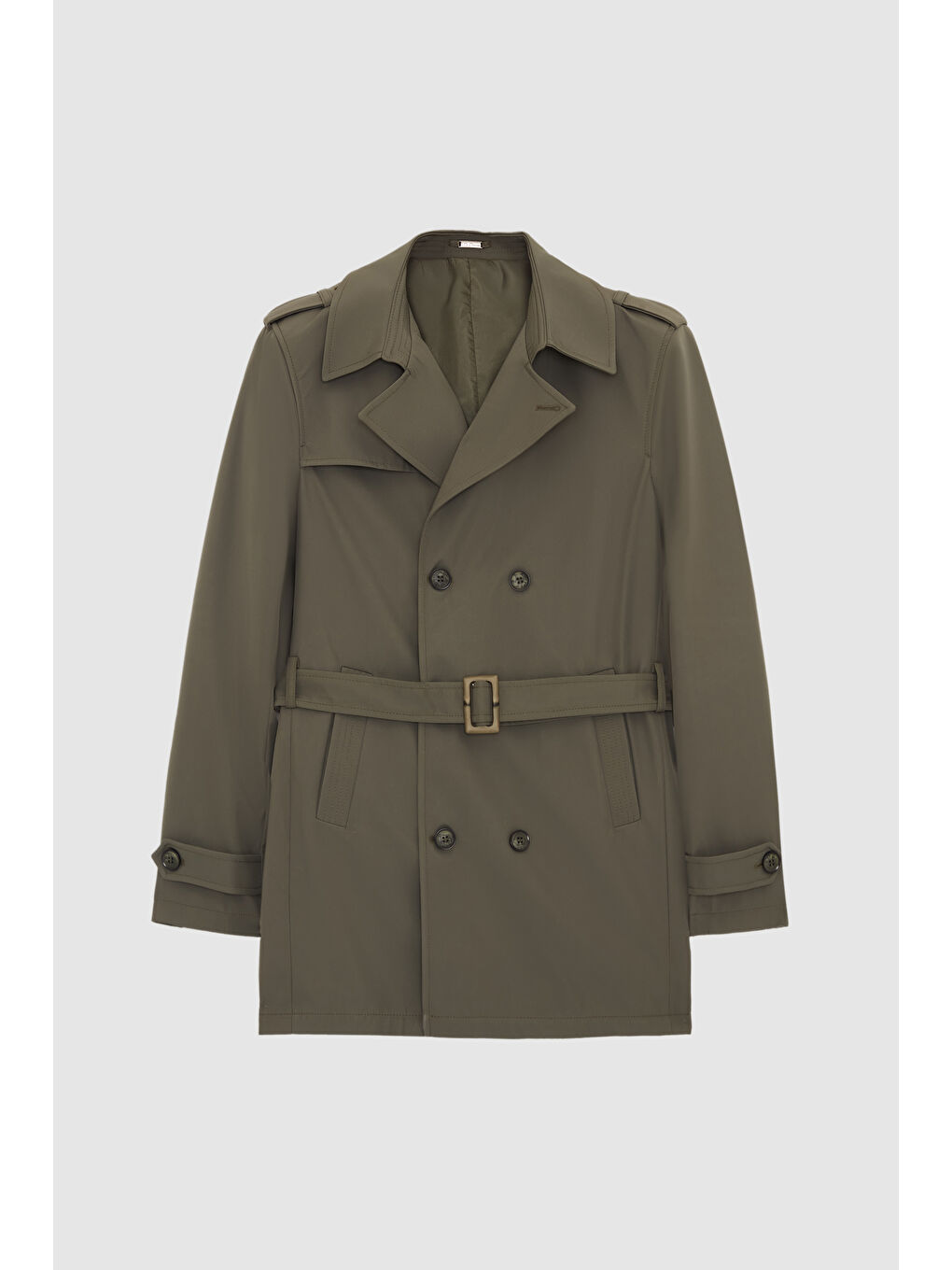 Regular Fit Koyu Haki Apoletli Beli Kemerli Pardösü/Trenckot-4