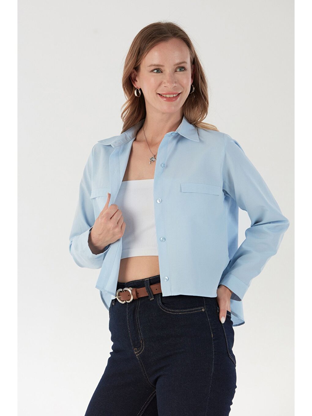 Mavi Basic Cep Detaylı Arkası Uzun Gömlek