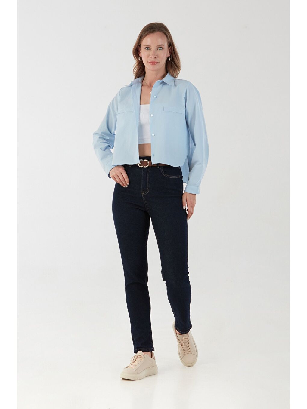 Mavi Basic Cep Detaylı Arkası Uzun Gömlek-1