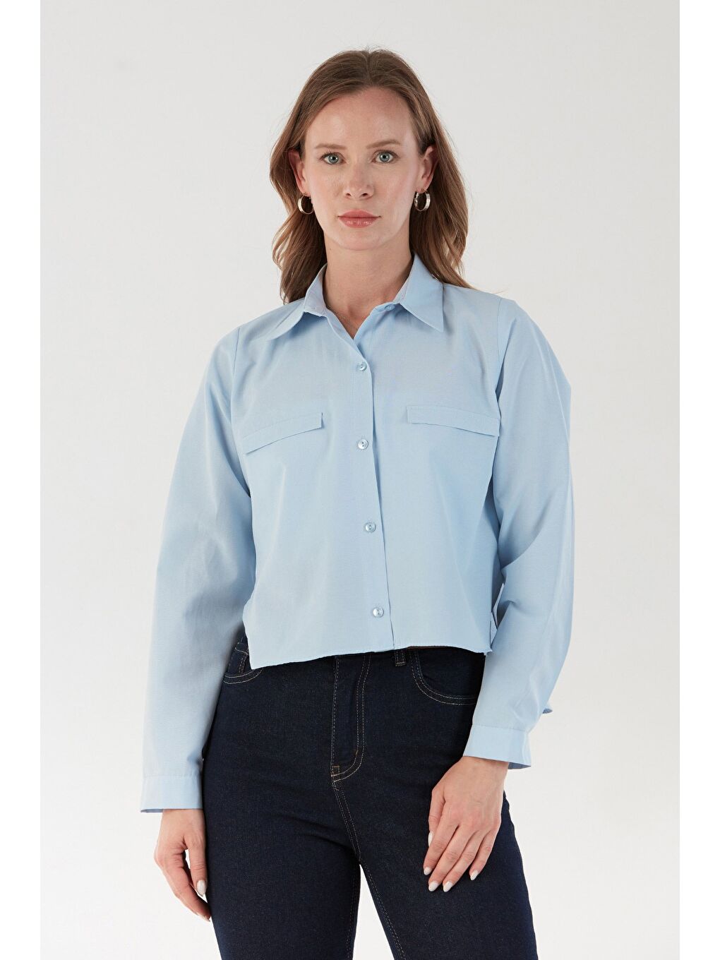 Mavi Basic Cep Detaylı Arkası Uzun Gömlek-2