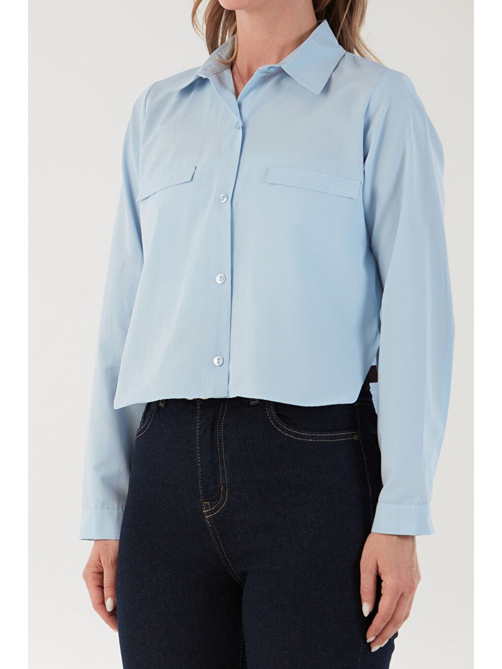 Mavi Basic Cep Detaylı Arkası Uzun Gömlek-4