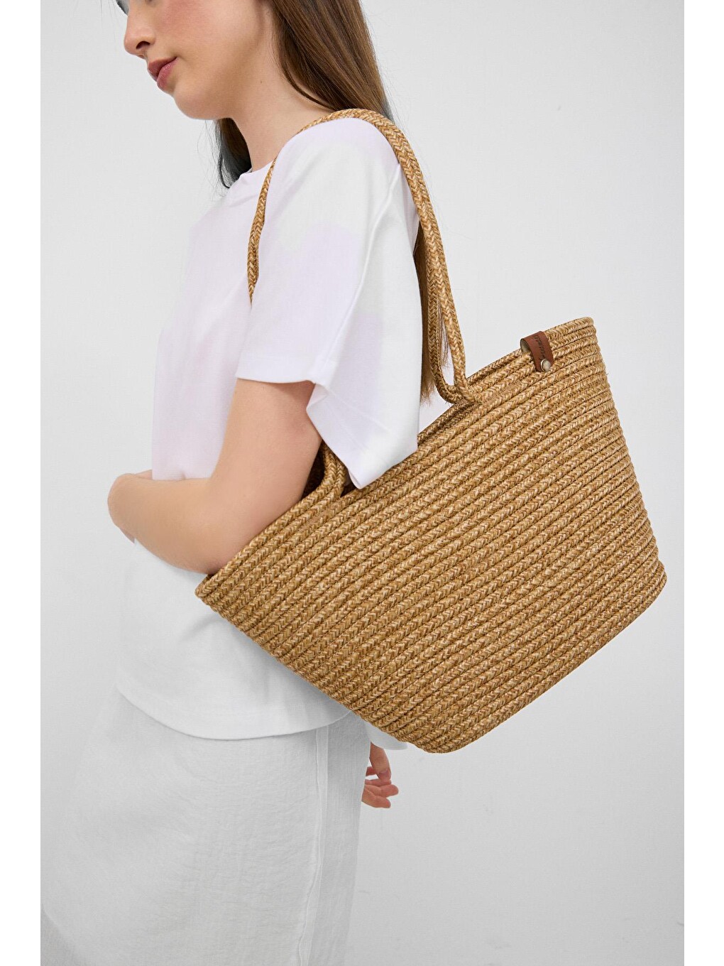 Bej Dorena Handmade Hasır Omuz Çantası Vizon