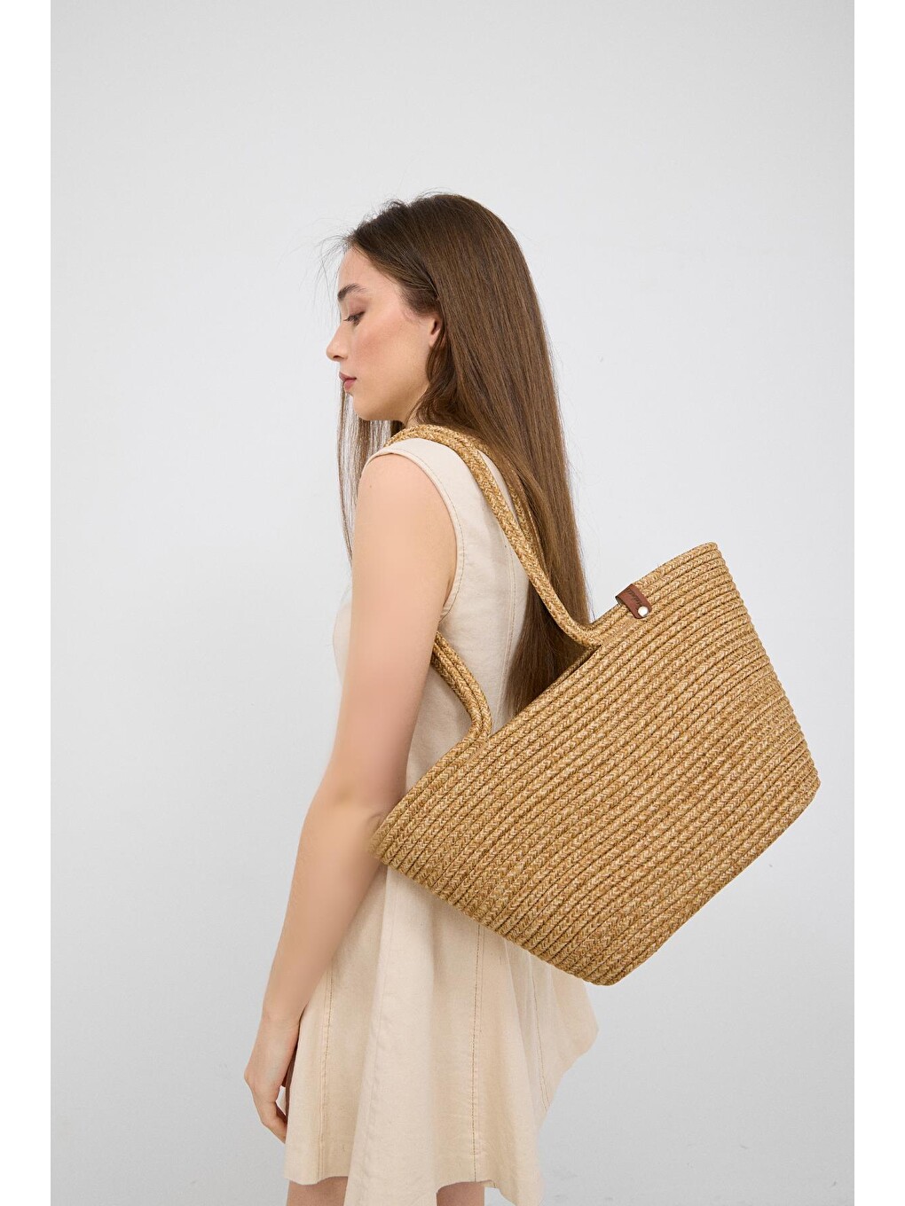 Bej Dorena Handmade Hasır Omuz Çantası Vizon-1