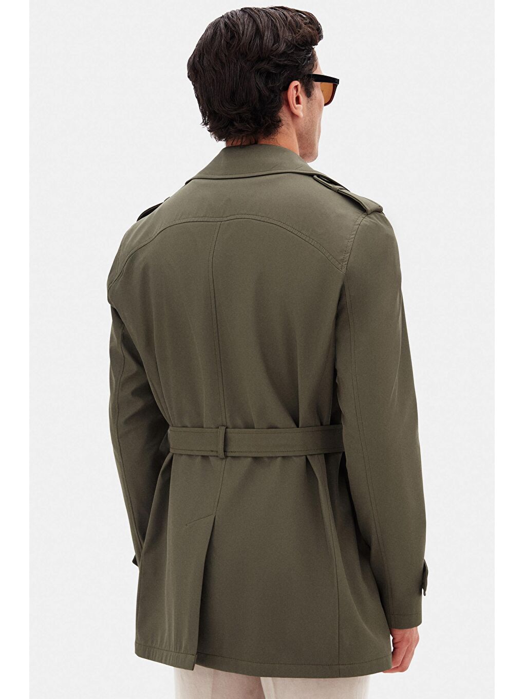 Regular Fit Koyu Haki Apoletli Beli Kemerli Pardösü/Trenckot-5